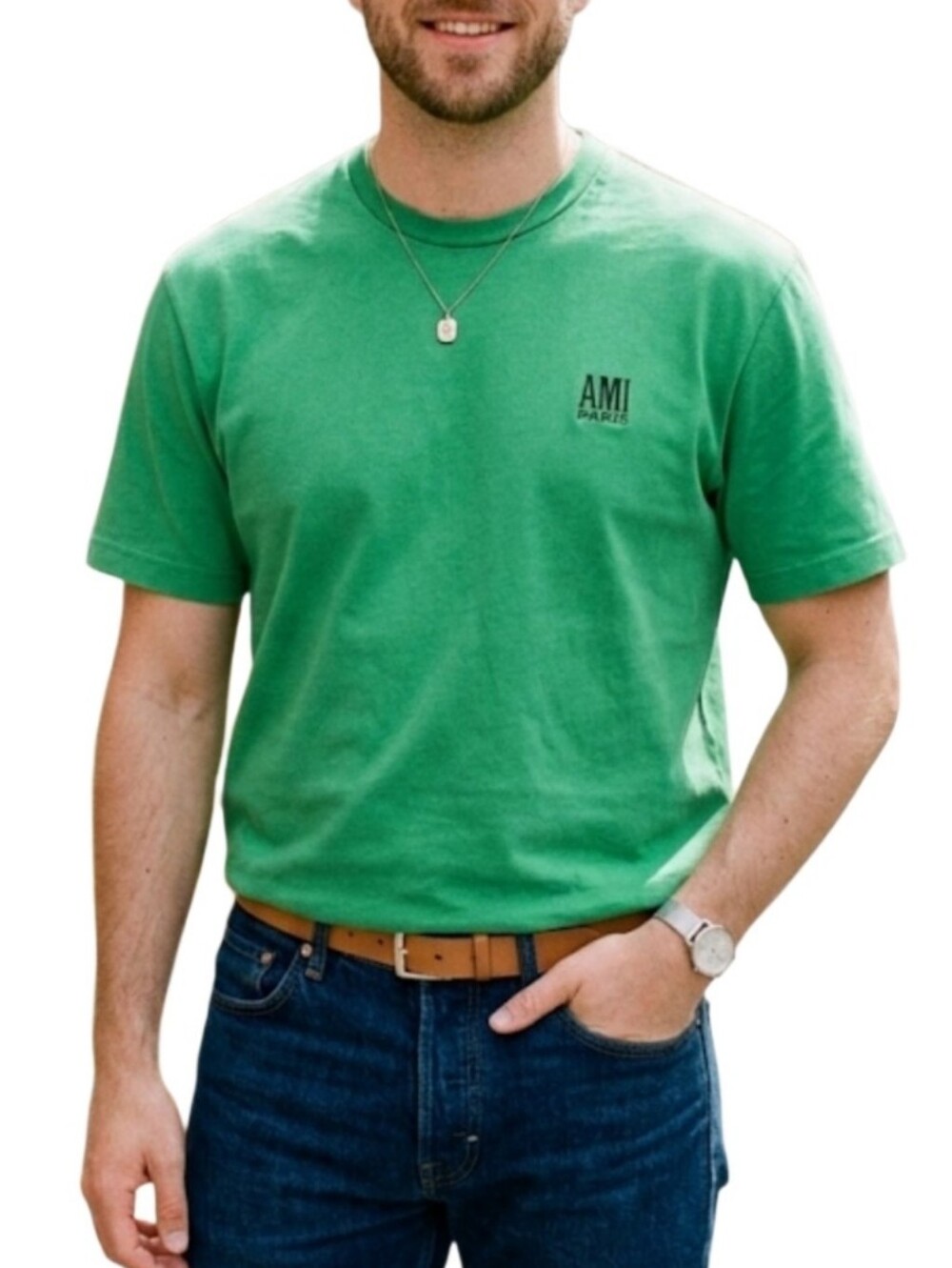 Ami Paris Mens T-Shirt Size Large Green Embroidered Logo Crewneck Made in Italy